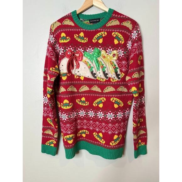 Blizzard Bay Tacos Sombreros Red Ugly Christmas Holiday Sweater Size Small Party - Picture 1 of 6
